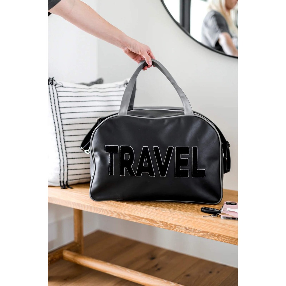 Jadelynn Brooke Travel Duffel Bag Weekender Black Faux Leather Chenille Patch OS